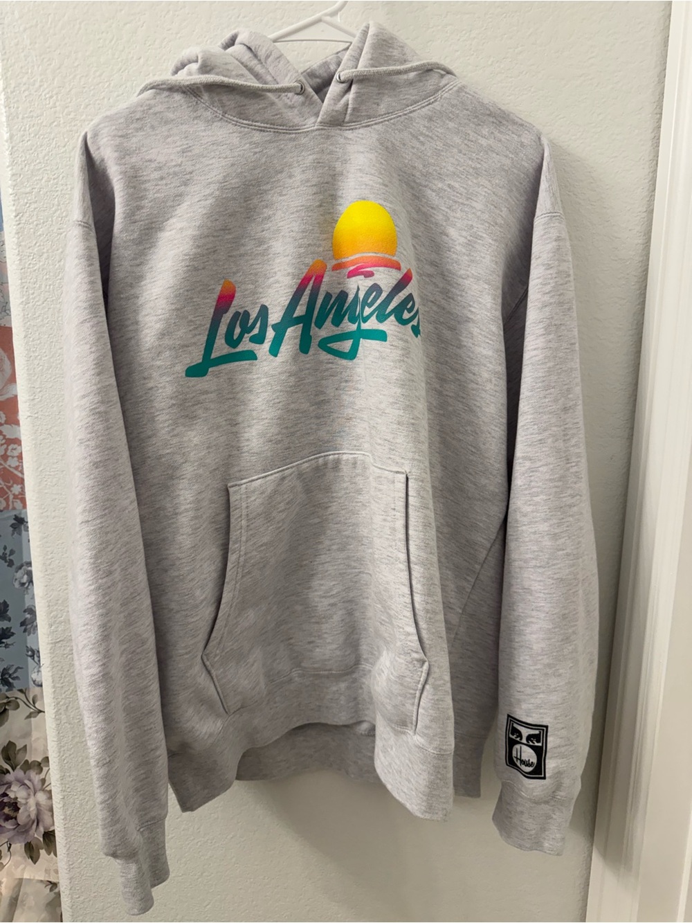 Obey x House Men’s Gray Los Angeles Graphic Hoodie with Sunset Accent large